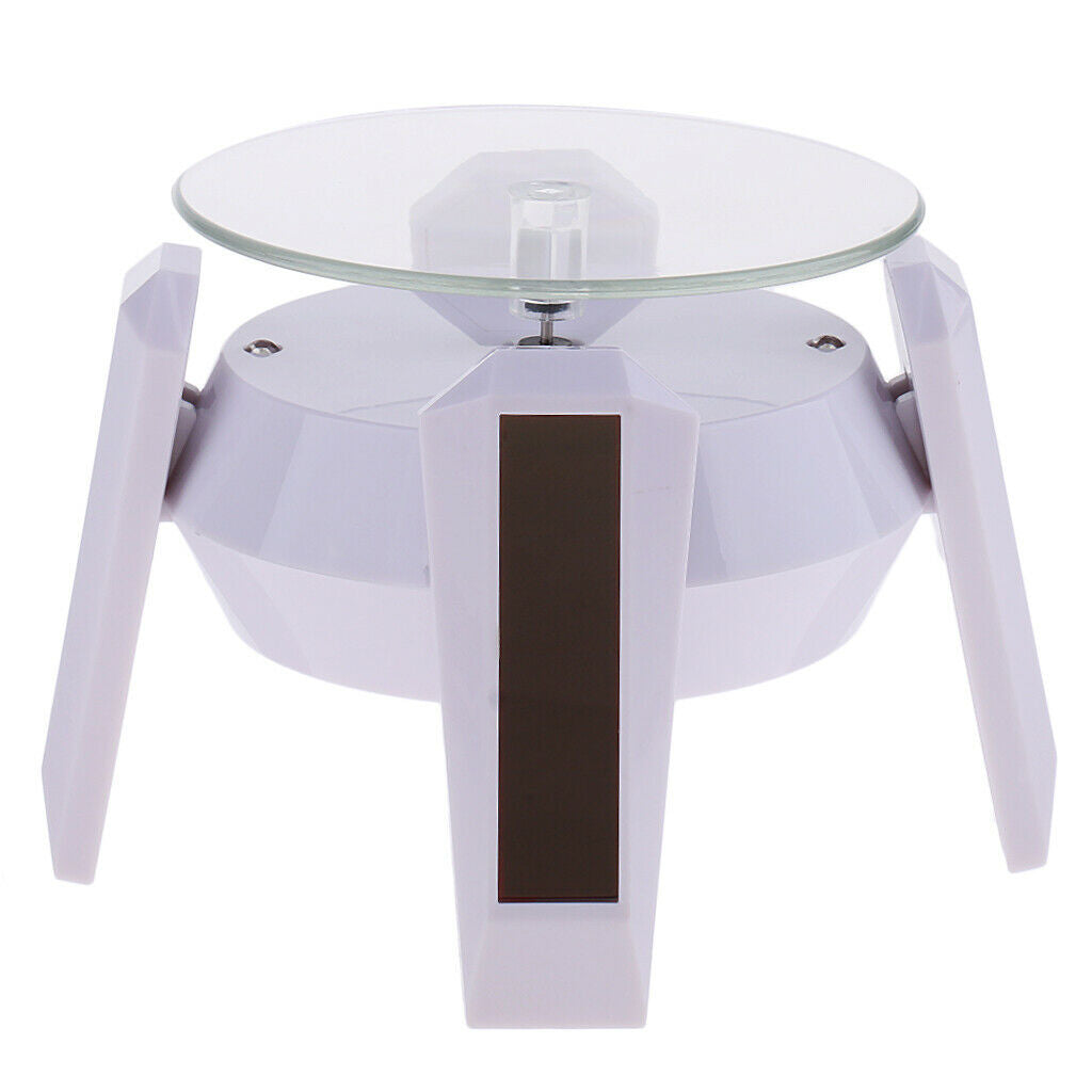 Solar/Battery Powered Rotating Jewelry Display Stand White Base Blue Light