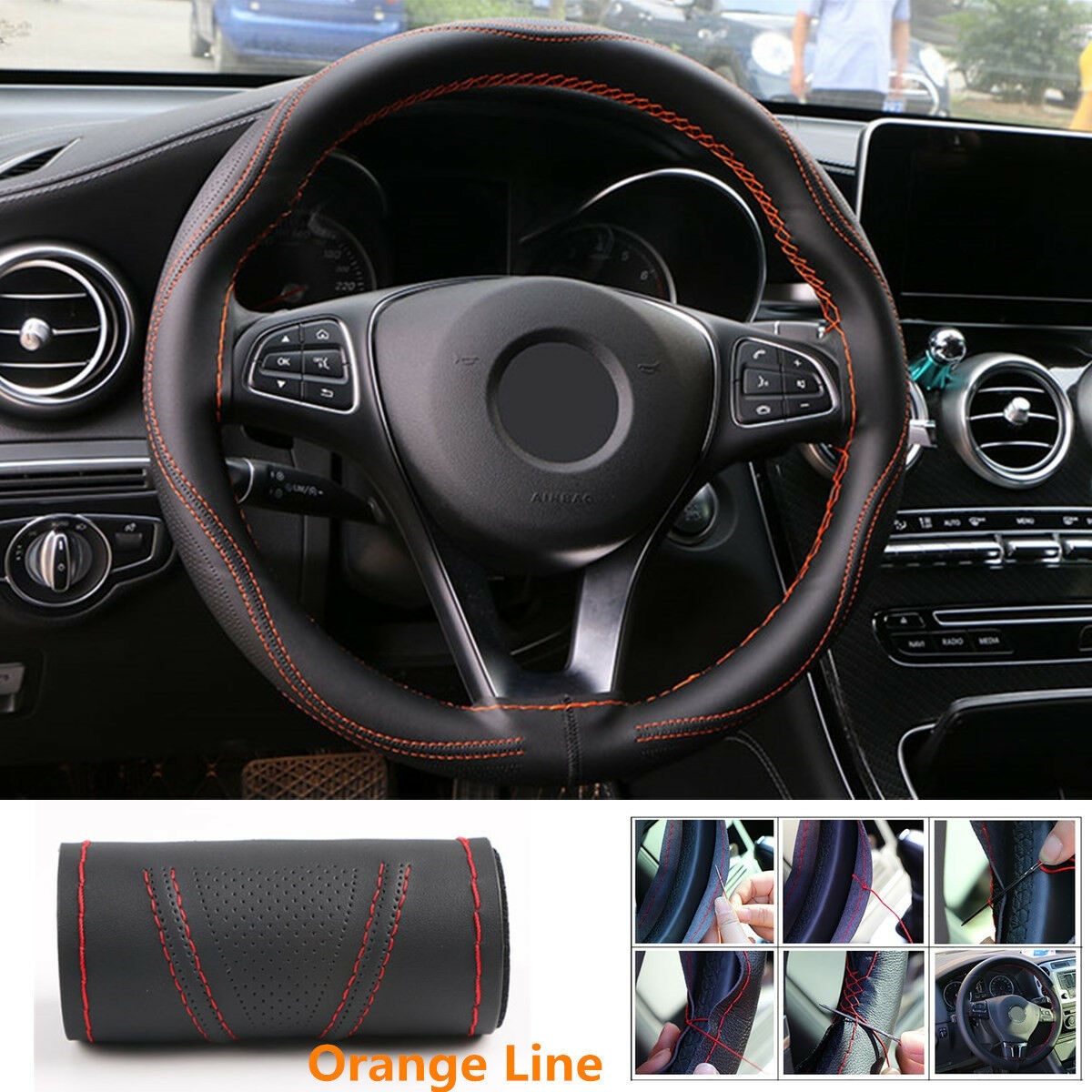 Black+Orange Line Fiber Leather Anti-Slip Car Steering Wheel Cover Protect Case