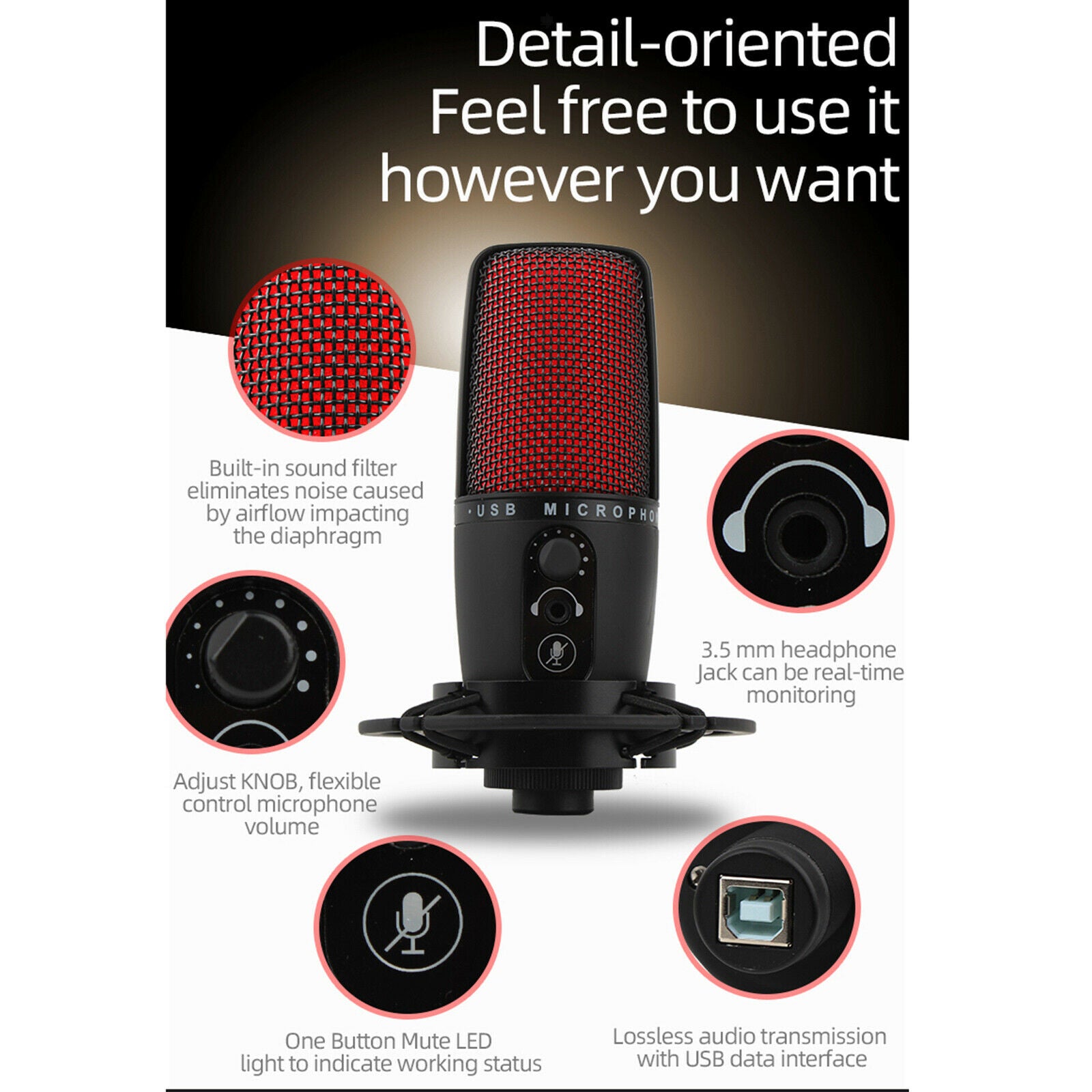 Portable USB audio condenser microphone with tripod for computers Red LED