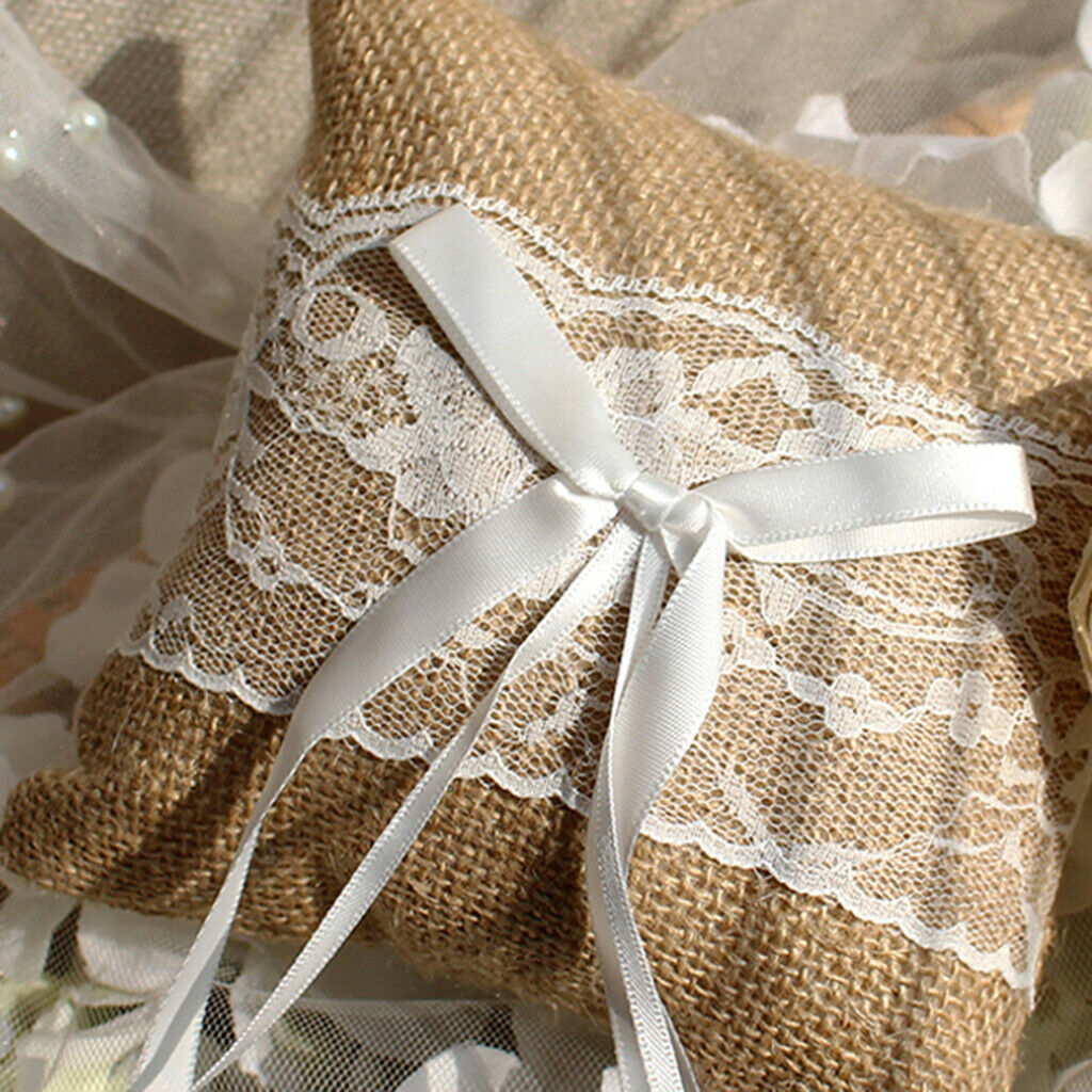 Wedding Ceremony Ring Pillow Cushion Linen Square Ring Bearer Bowknot 20cm