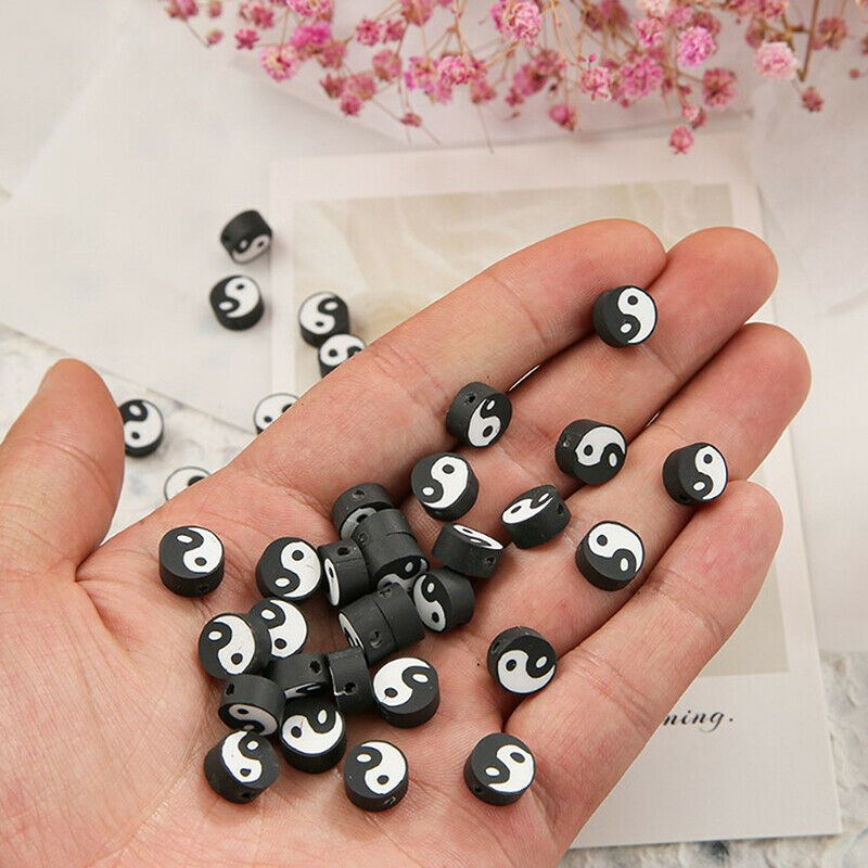 50pcs10mm Black Tai Chi Design Polymer Clay Spacer Loose Beads for JewelryY DF