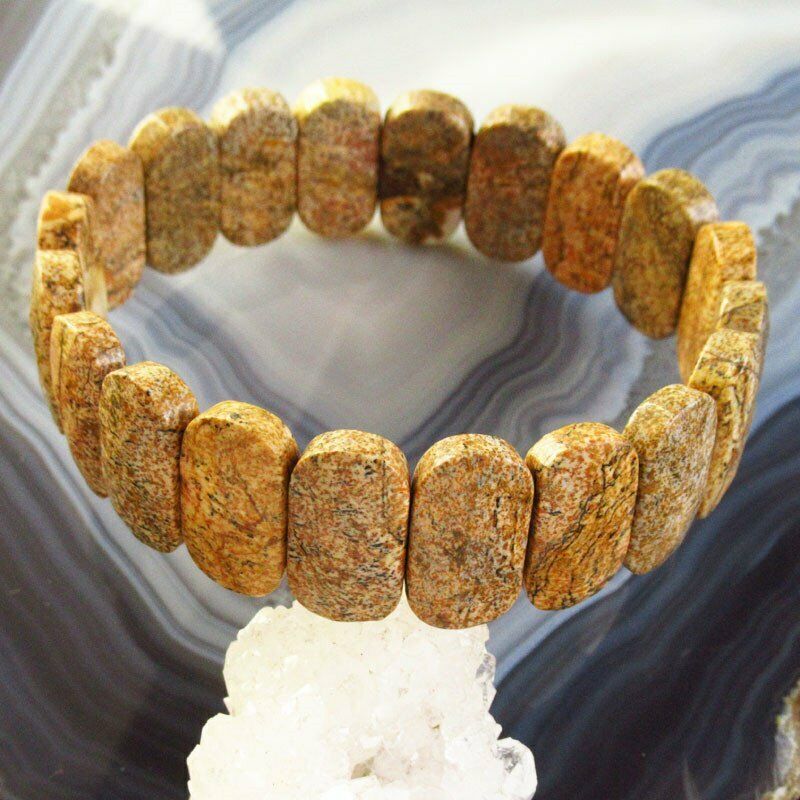 45g Faceted Natural Picture Jasper Oval Stretchy Bracelet 7.5 inch 52SL