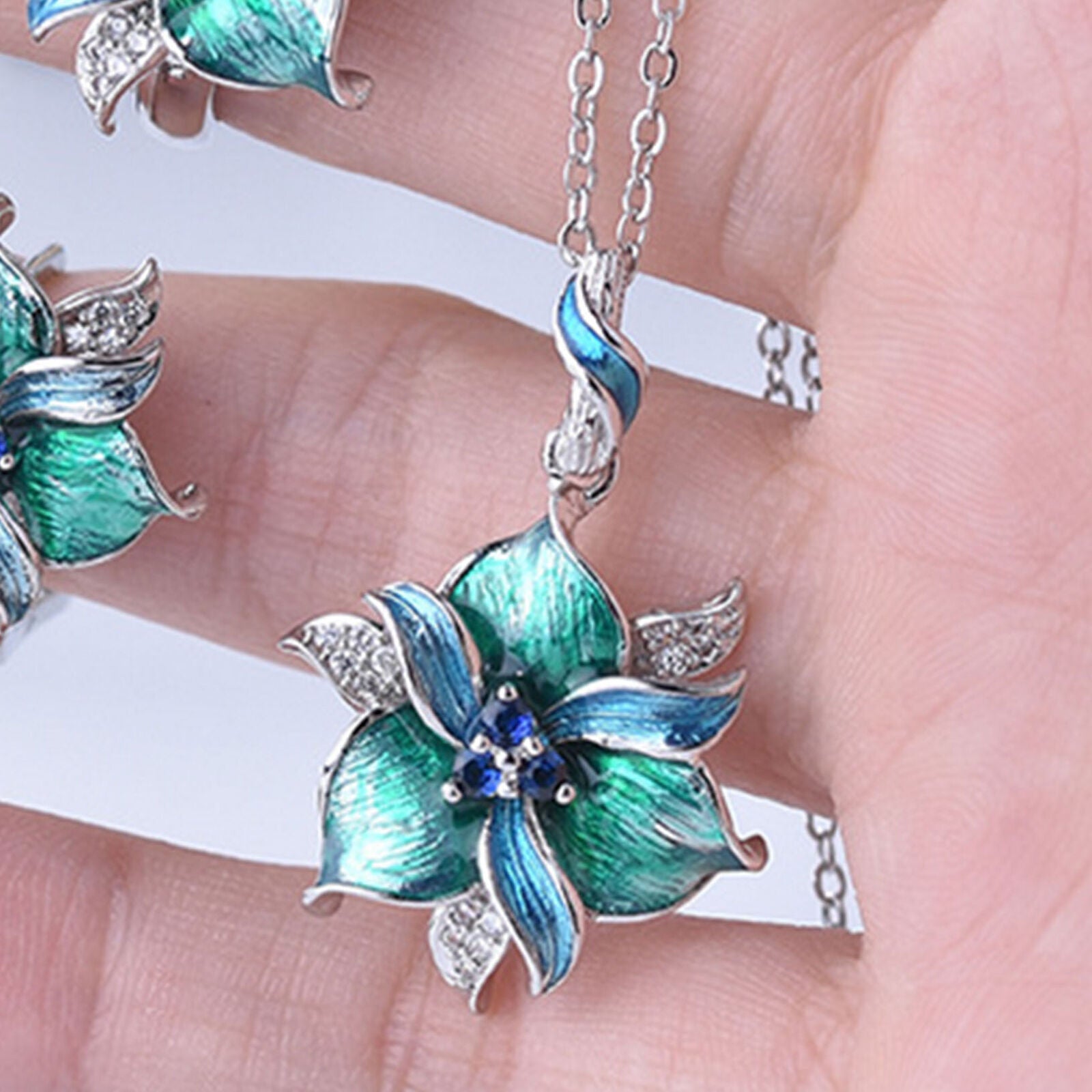 Women Rhinestone Inlaid Enamel Flower Pendant Necklace Earrings Ring Gift
