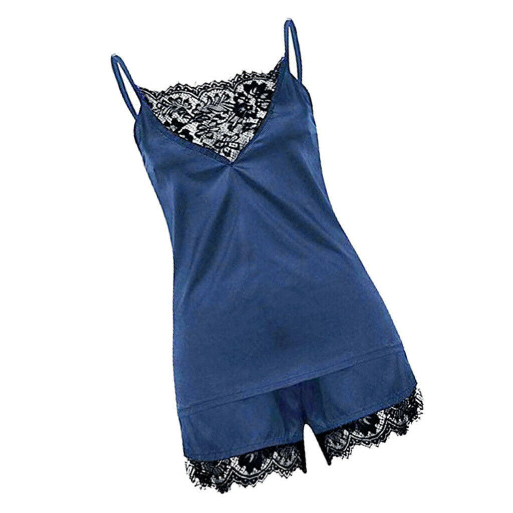 Womens Sexy Lace Satin Sleepwear Cami Top and Shorts Pajama Set Blue XL