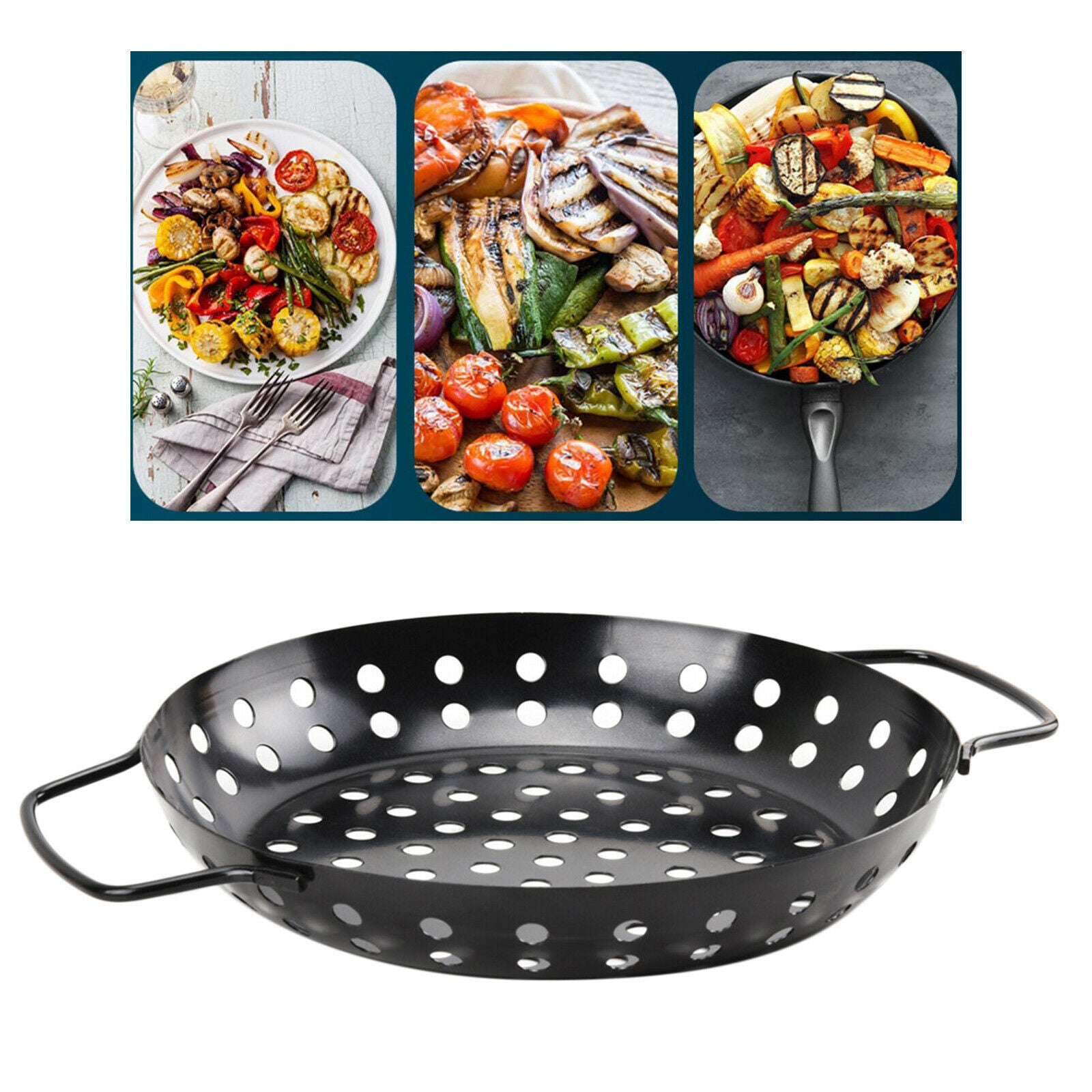 Carbon Steel BBQ Grill Pan Veggie Fruit Non-Stick Coating Pizza Tray Party