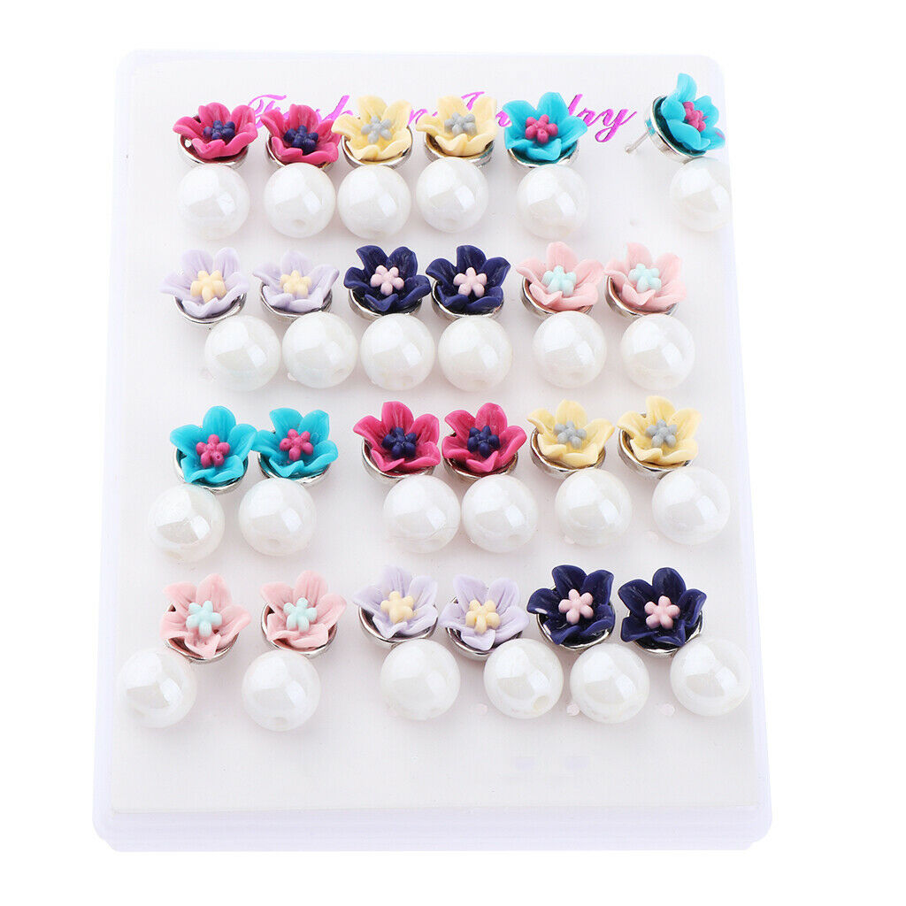 12 Pair Fashion Faux Pearls Flower Stud Earrings Ear Studs for Women Jewelry