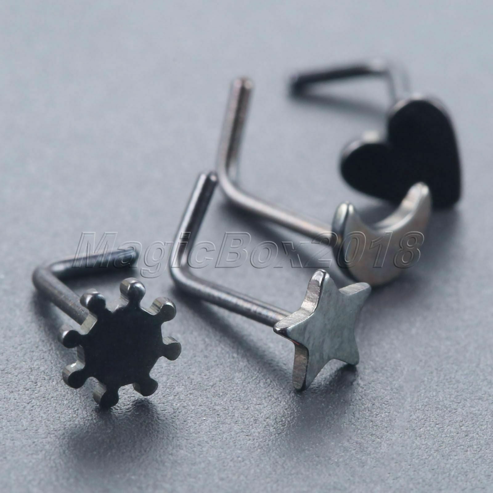 Stainless Steel L-Shape Nose Screw Nail Piercing Anchor Moon Star Heart Black