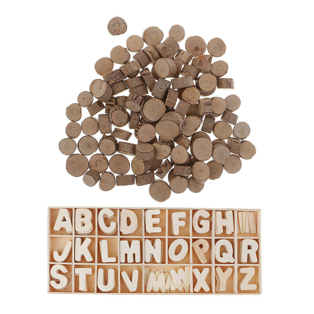 100 Wood Round Log Slices Discs & 156x Wooden A-Z Letter Alphabet for Wood Craft