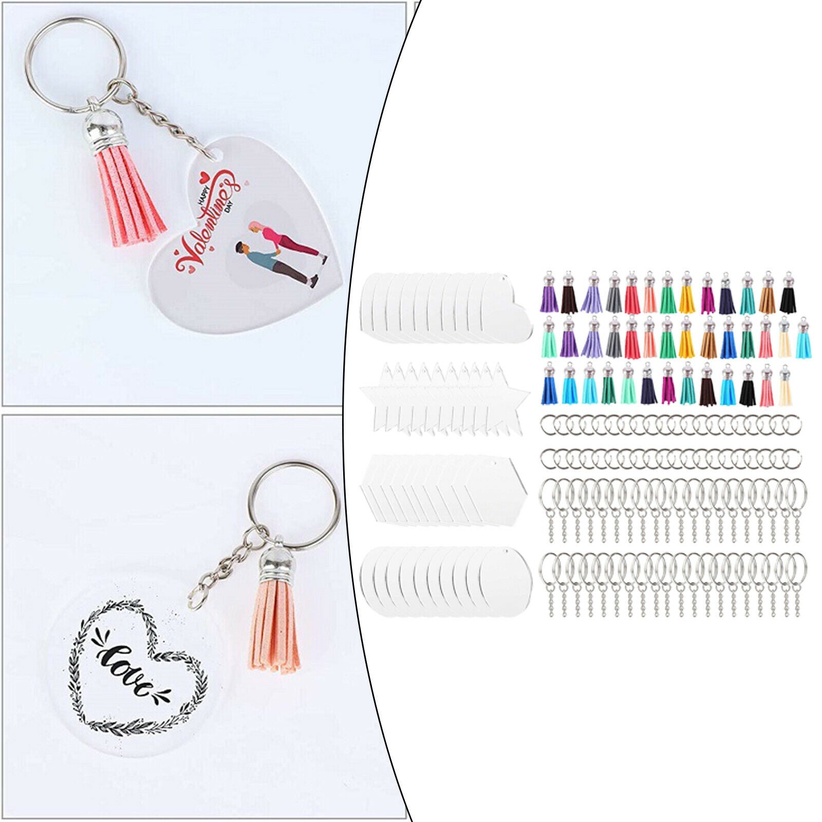 160PCS Keychain Blanks Acrylic Discs Key Ring with Tassels Kit for DIY