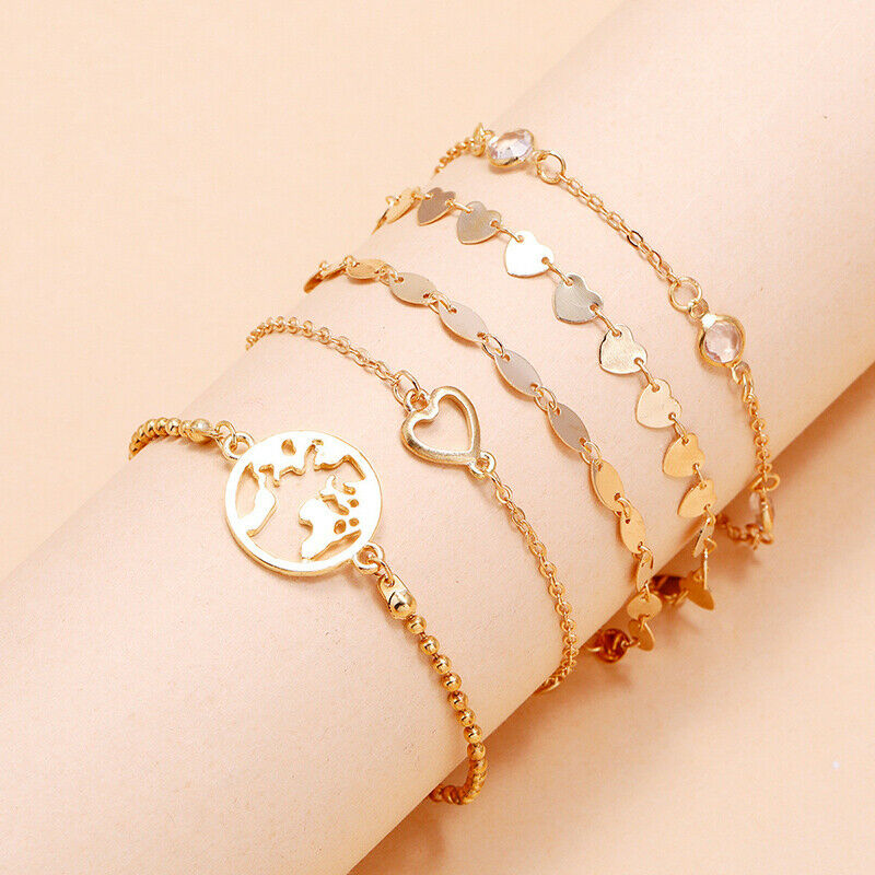 5Pcs Geometric hollow heart Women Tassels Leaves Circular Chains Bangle J.l8