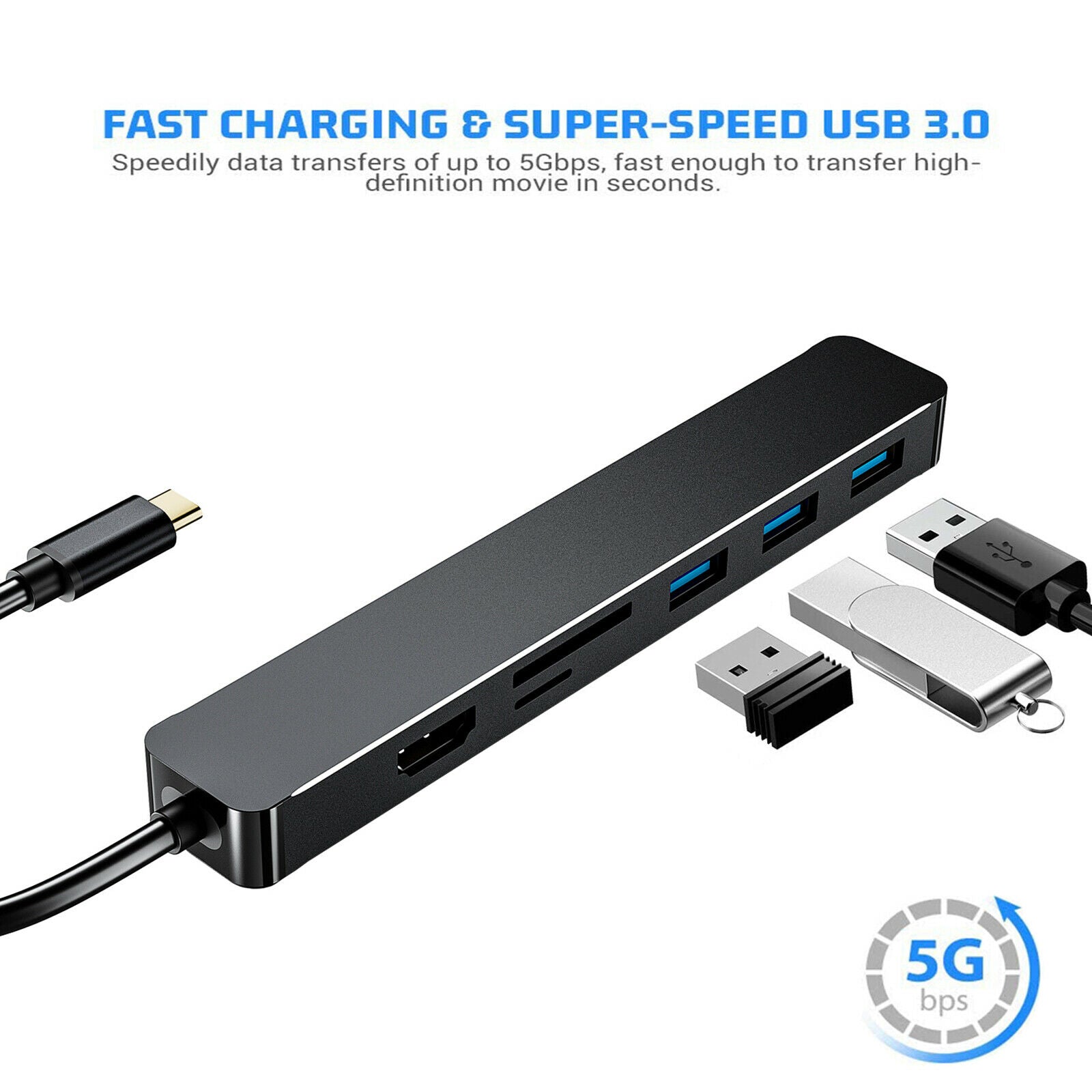 Aluminum 7 in 1 USB 3.0 C to HDMI VGA Hub Adapter Dongle Plug&Play Compact