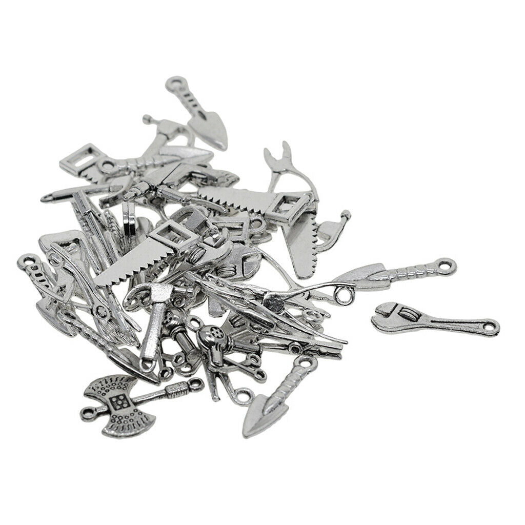 50Pcs Metal Mixed Tools Charms Pendant, Hammer Piler Wrench Charm Pendant,