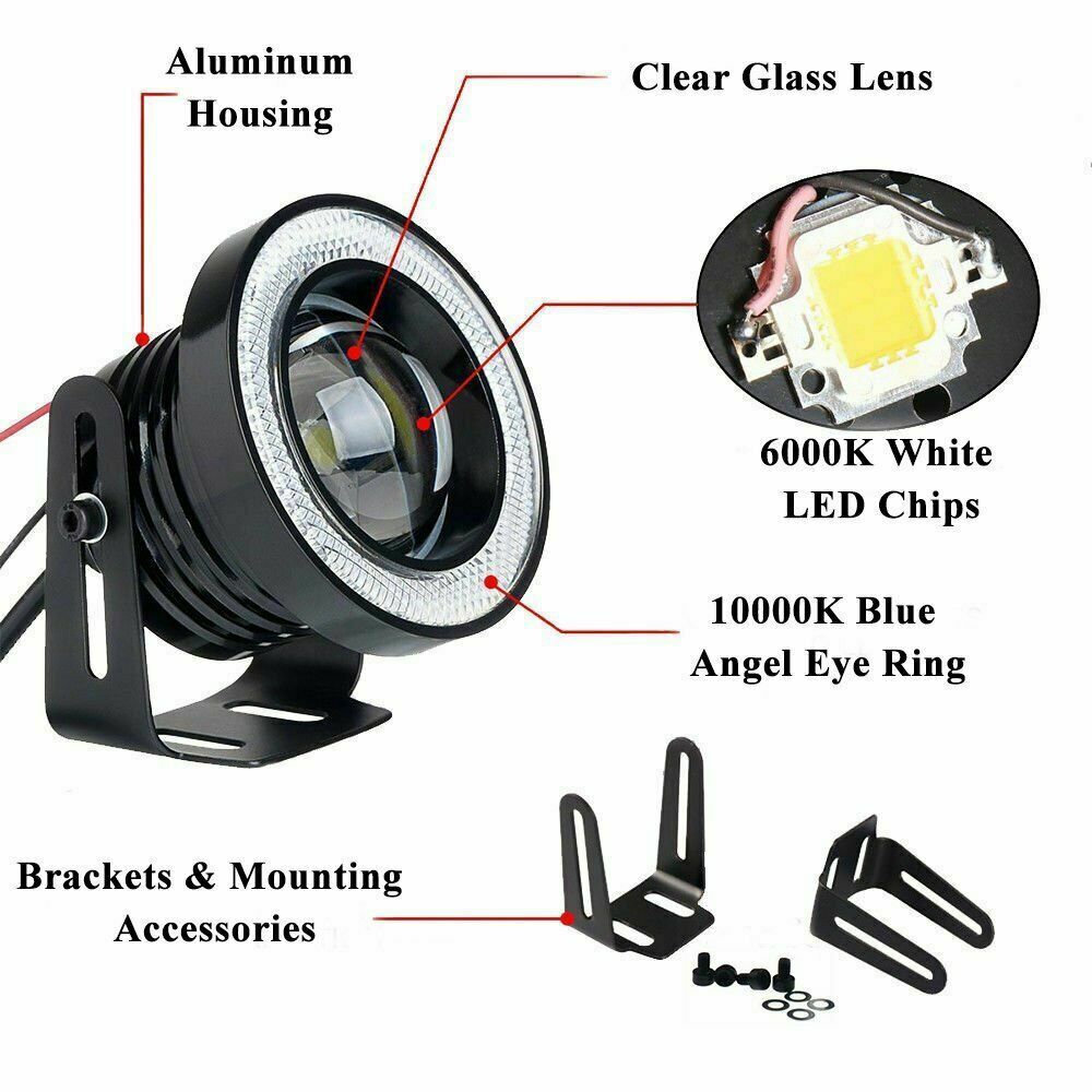 2x 2.5" Projector White LED 10000K Blue Halo Rings COB Angel Eyes Fog Light Kit