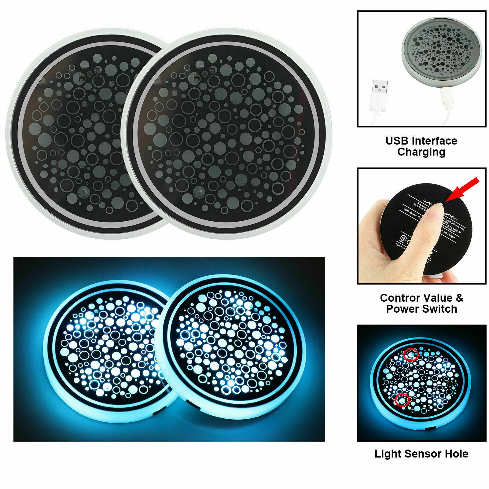 2Pcs Colorful Auto Car LED Cup Coaster Pad Holder Atmosphere Light Lamps Bottom