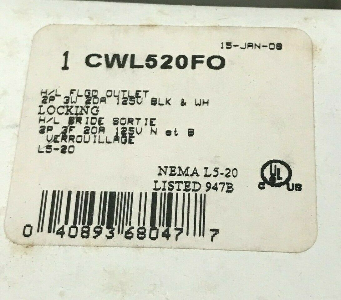 1pcs - COOPER CWL520FO NEMA L5-20 H/L FLGD OUTLET 2P 3W 20A 125V-BLK & WHT