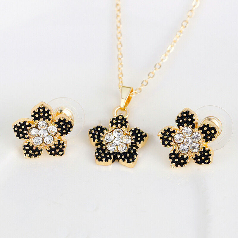 4PCS Black Peach Blossom Necklace Earrings Ring Bracelet Jewelry Sets Wed.l8