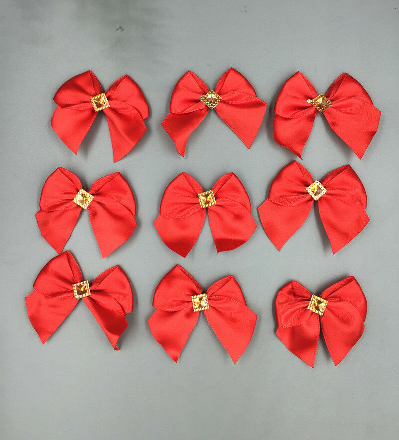 30pc Red Satin Ribbon Rhinestone Flowers Bows Gift Craft Wedding Decoration 50mm