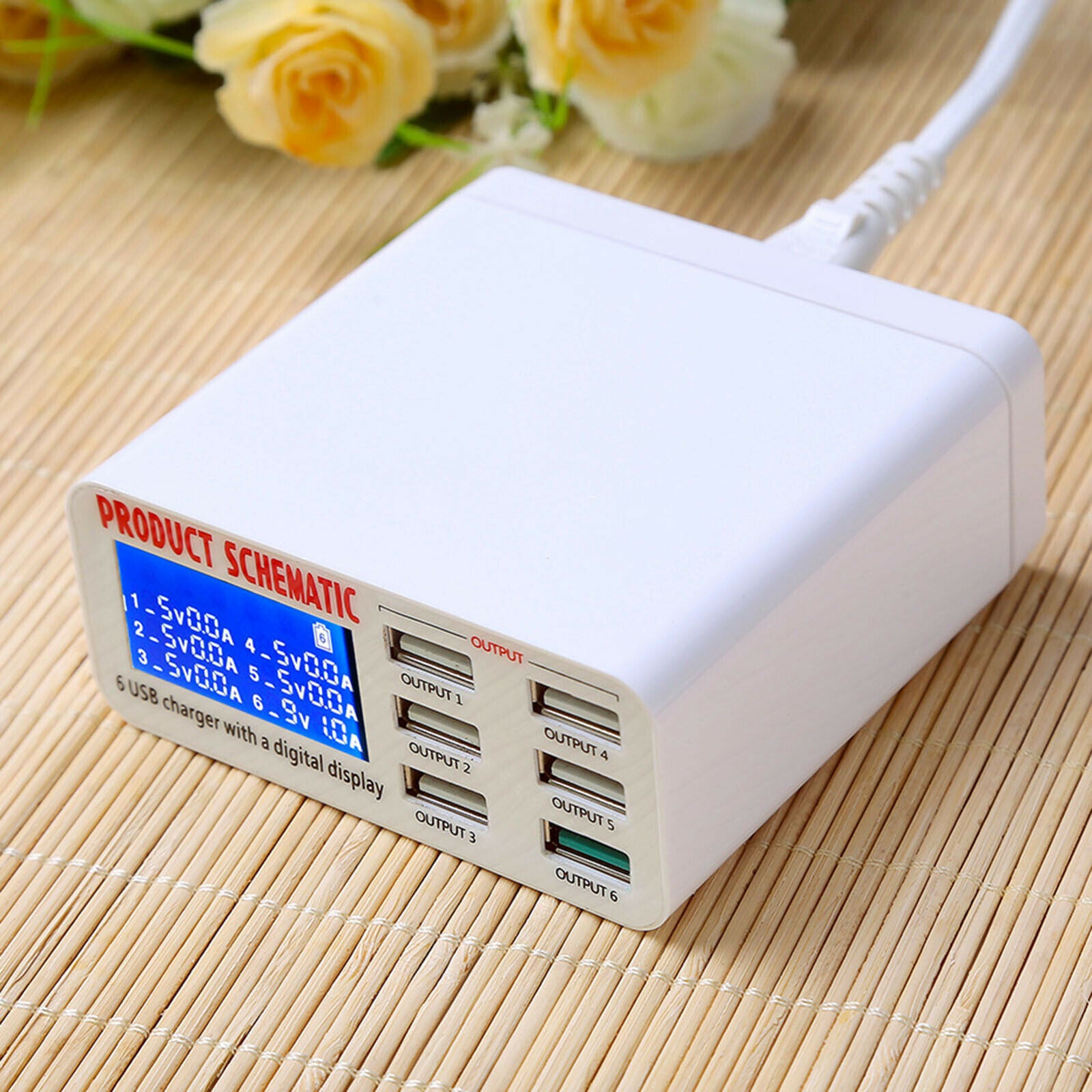6-Port USB Charger 40W Phone Charger QC3.0 Fast Charger LED Display UK-Plug
