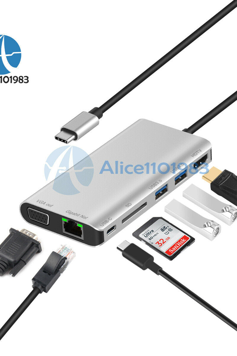 8 in 1 Type C to HDMI VGA USB 3.0 SD Card Reader Gigabit Ethernet Port PD Dock