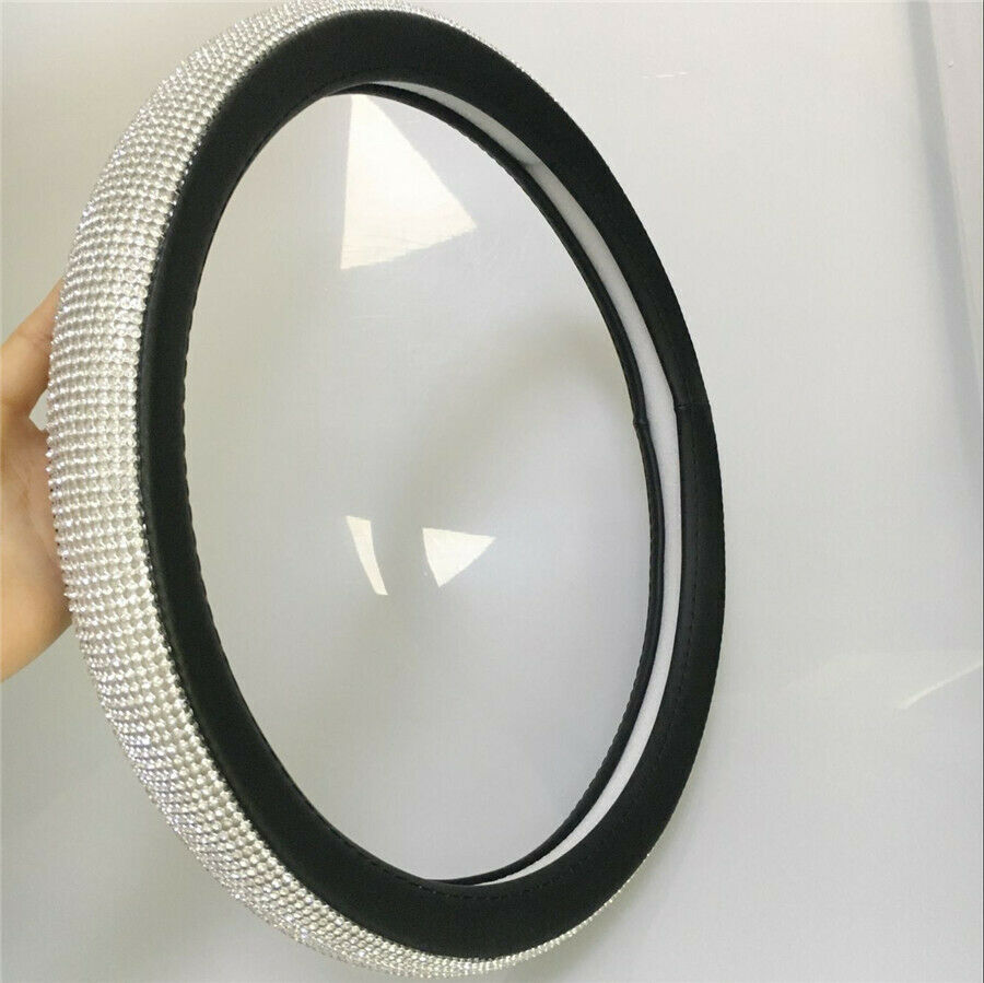 15''Luxury Bling Bling Rhinestone Plush PU Leather Car Steering Wheel Cover