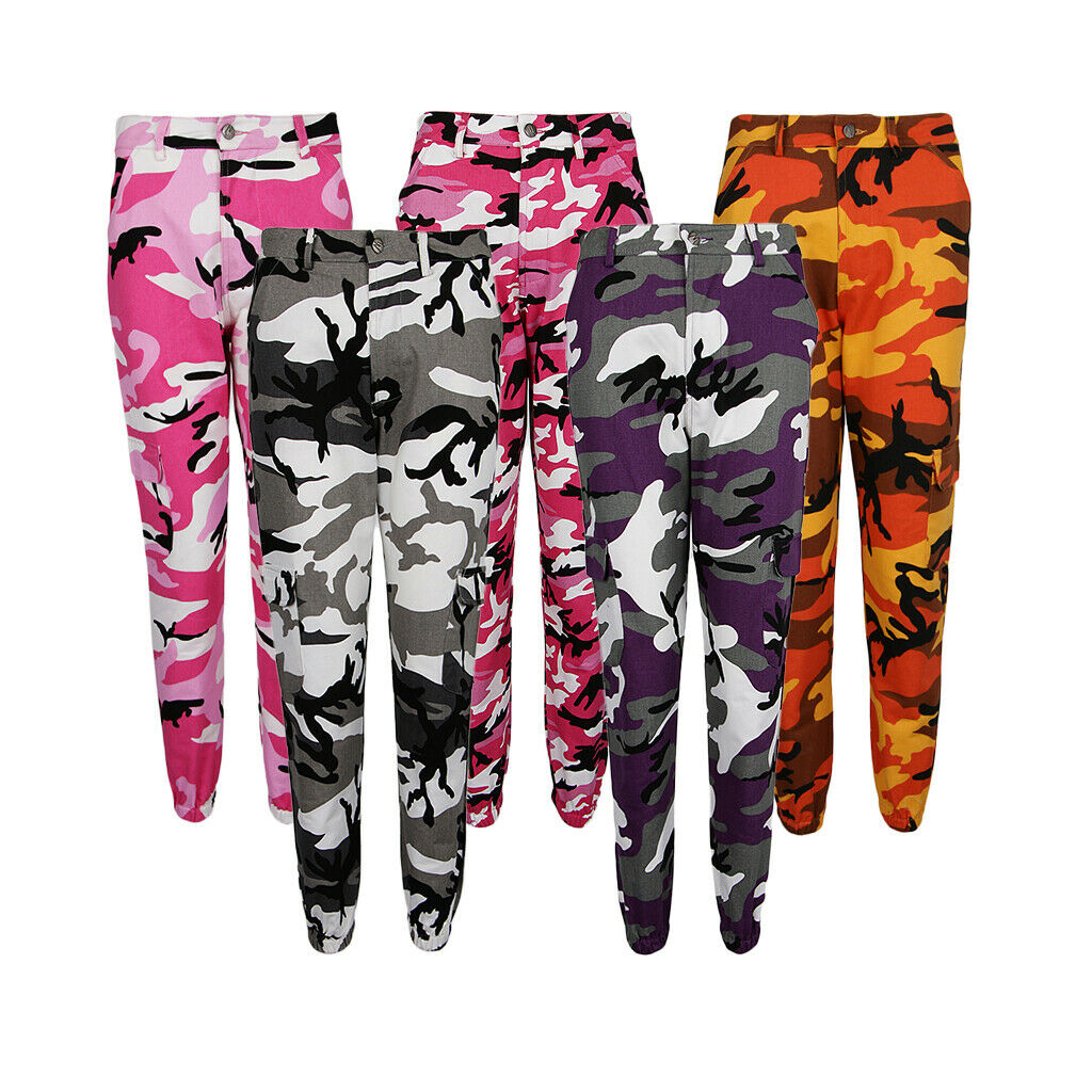Women Camo Cargo Pants Jogger Casual Trousers Ankle Band BUD Pants Pink S