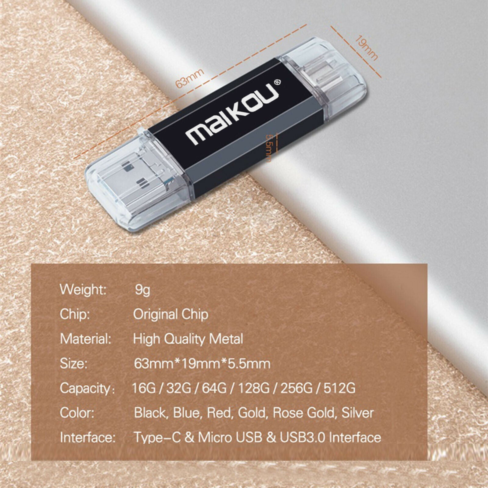 Portable 3-in-1 64G USB 3.0 Flash Drive Type-C&Micro USB Memory Stick Black