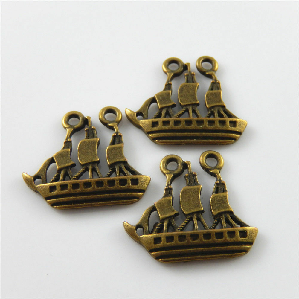 30 PCS Retro Bronze Sail Boat Pendant Alloy Ship Charm Nautical Jewelry 24*22mm