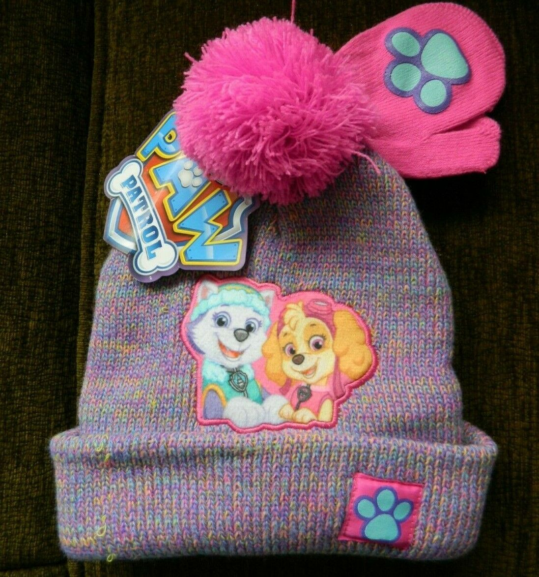 Paw Patrol toddler OSFM purple hat and pink mitten set