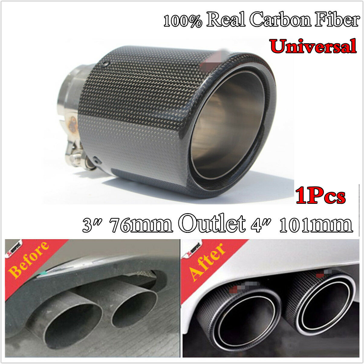 3" 76mm Outlet 4" 101mm 100% Real Carbon Fiber Glossy Exhaust Tips Muffler Black
