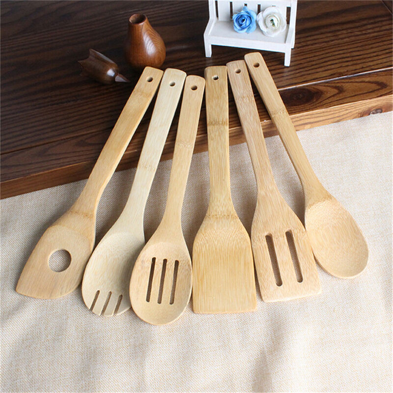 6x/Set Bamboo Utensil Kitchen Wooden Cooking Tools Spoon Spatula Mixing .DD