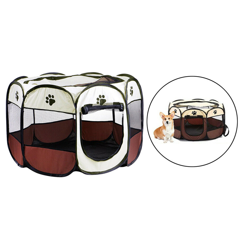 Pet Folding Playpen Portable 8-Panel Kennel Fences Tent Brown_S