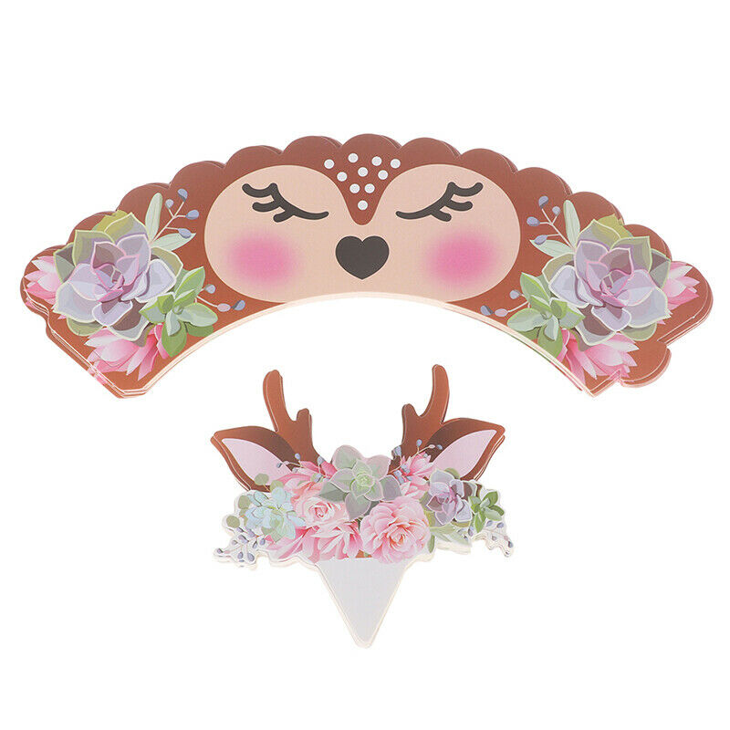 24sets Deer Border Wrapper Flower Card Toppers Wedding Christmas Cupcake De DF