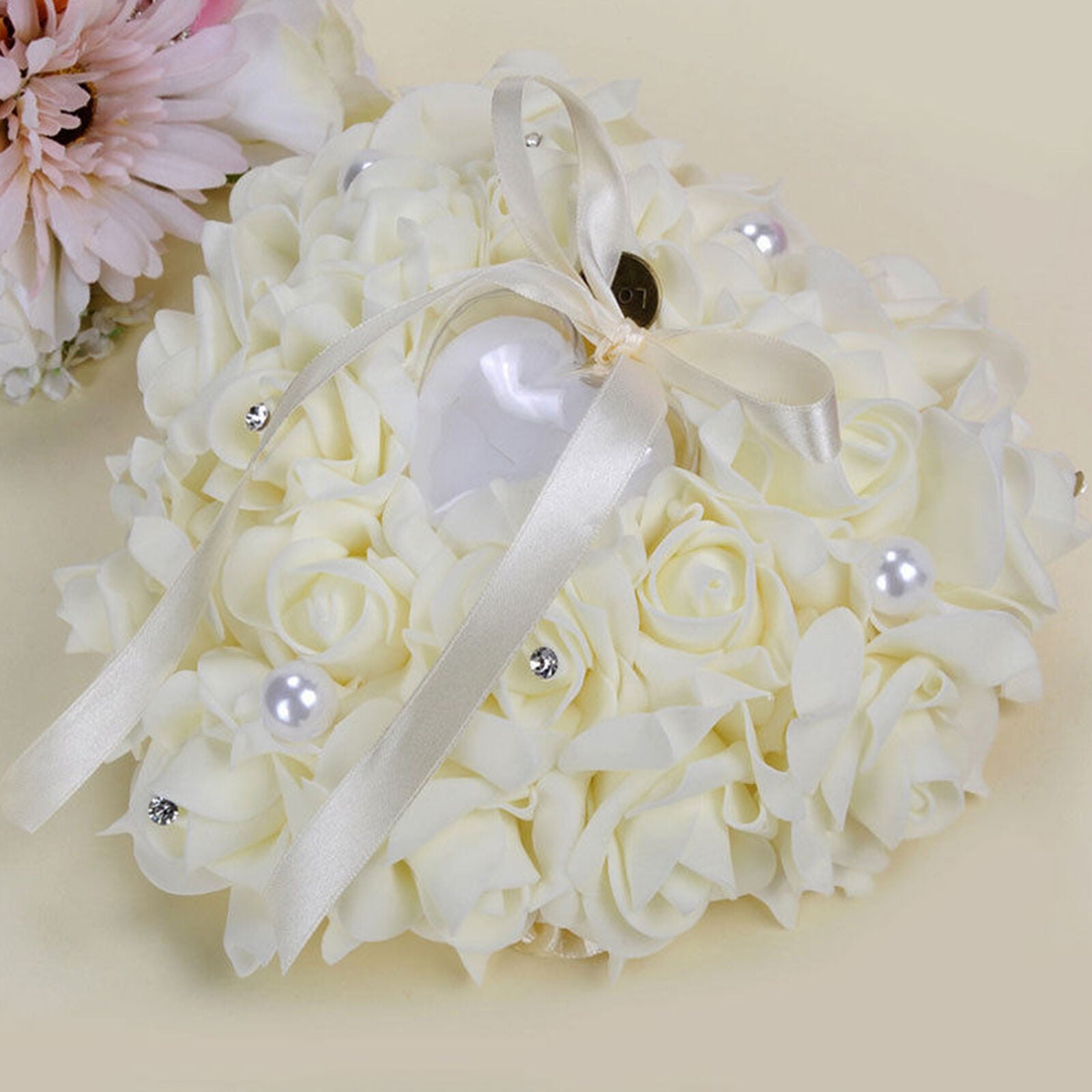 Wedding Ceremony White Satin Crystal Flower Ring Bearer Pillow Cushion Gifts