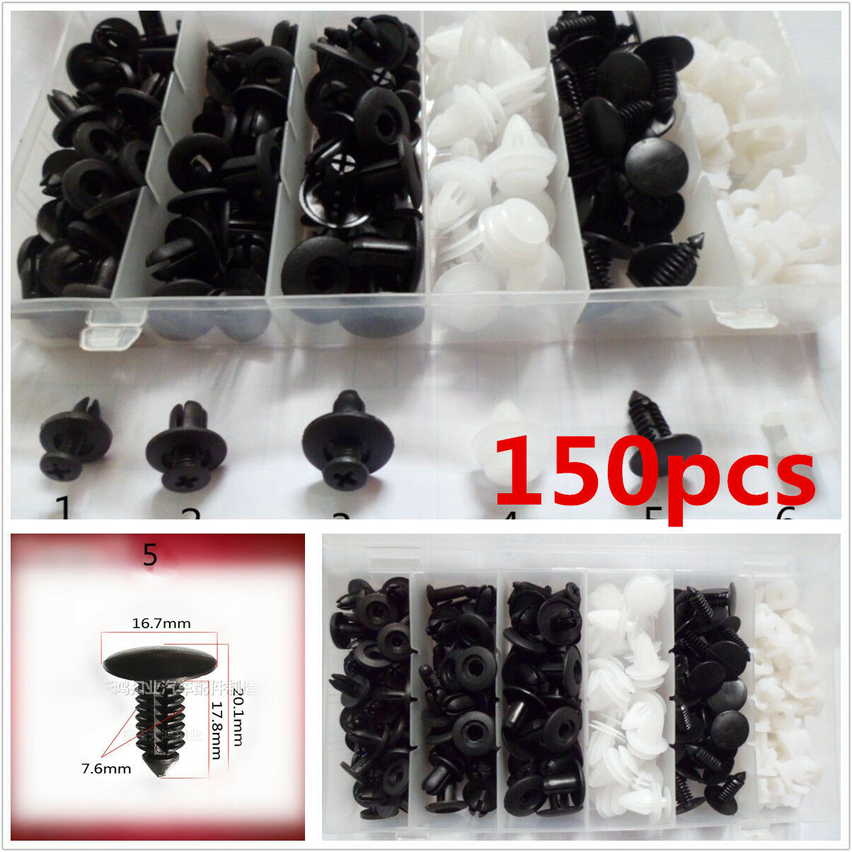 150pcs 6 Sizes Car Autos Body Retainer Push Pin Rivet Clip Mouldings Trim Panel