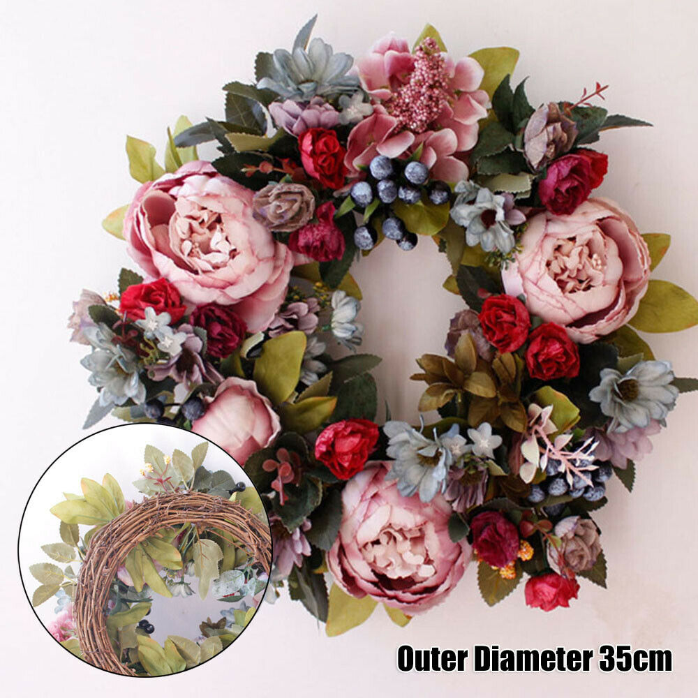 Artificial Peony Flower Summer Wreath Green Leaves Front Door Indoor Wall Decor