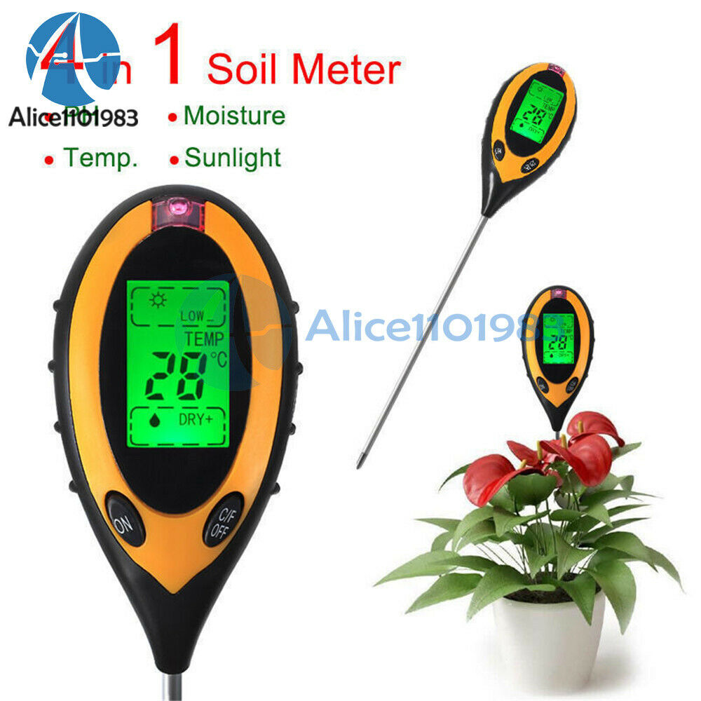 4 In 1 LCD Digital Soil Moisture Humidity Temperature Sunlight PH Tester Meter