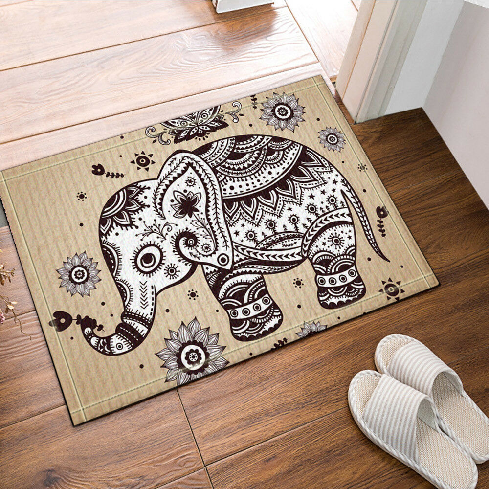 Bohemia Elephant And Lotus Bathroom Rug Non-Slip Floor Indoor Door Mat 16x24"
