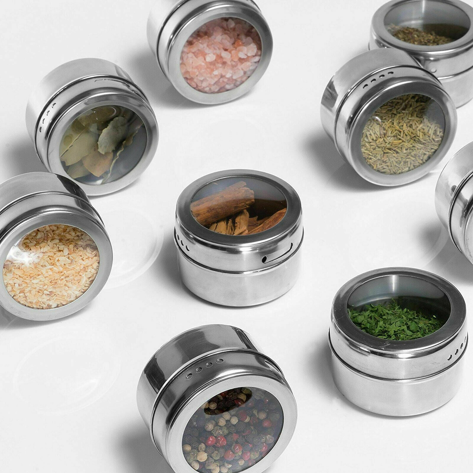 12pcs Magnetic Stainless Steel Spice Herb Tin Jar Seasoning Storage NonSlip Base