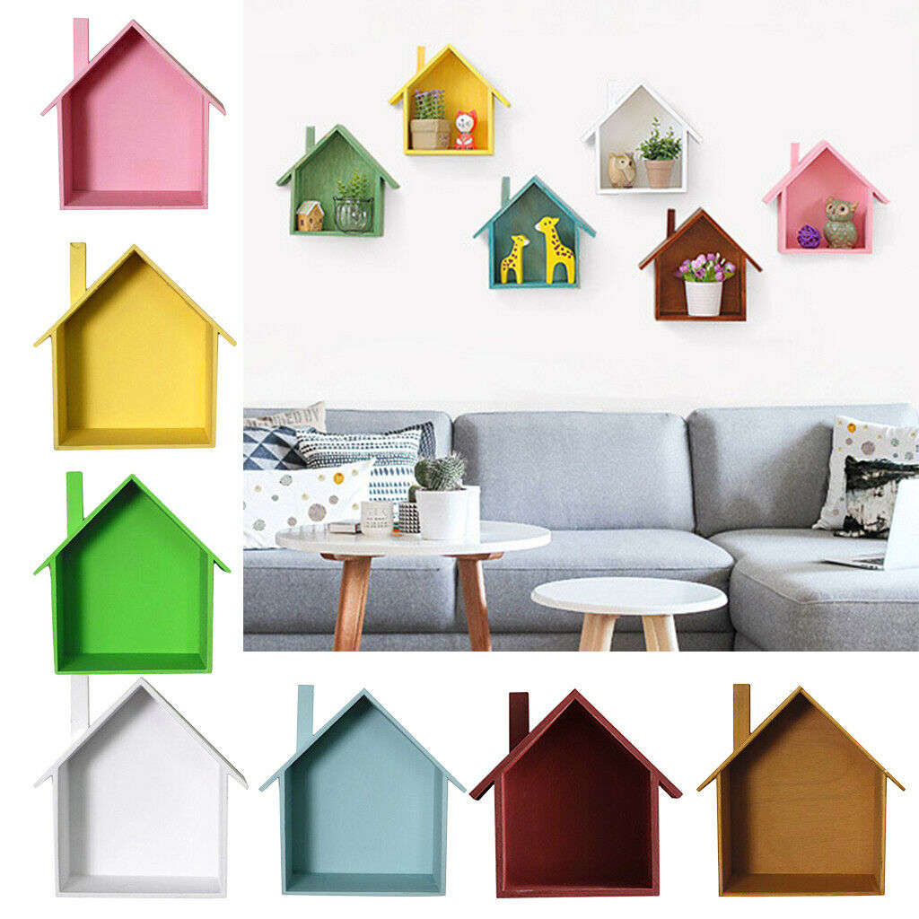 2x Wood Shelves Floating Storage Shelf Wall Decor House Shaped Blue White for