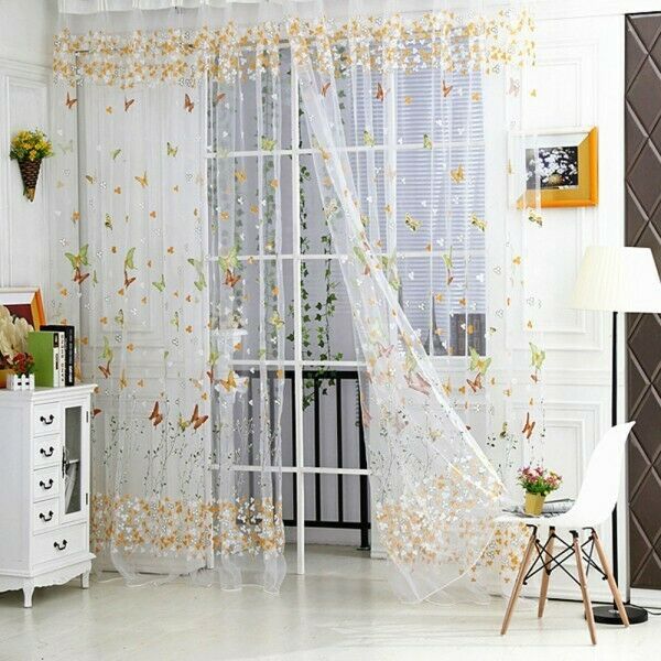 Yellow Buttefly Scarf Sheer Voile Window Treatment Curtain Drape Valance 1MX2M