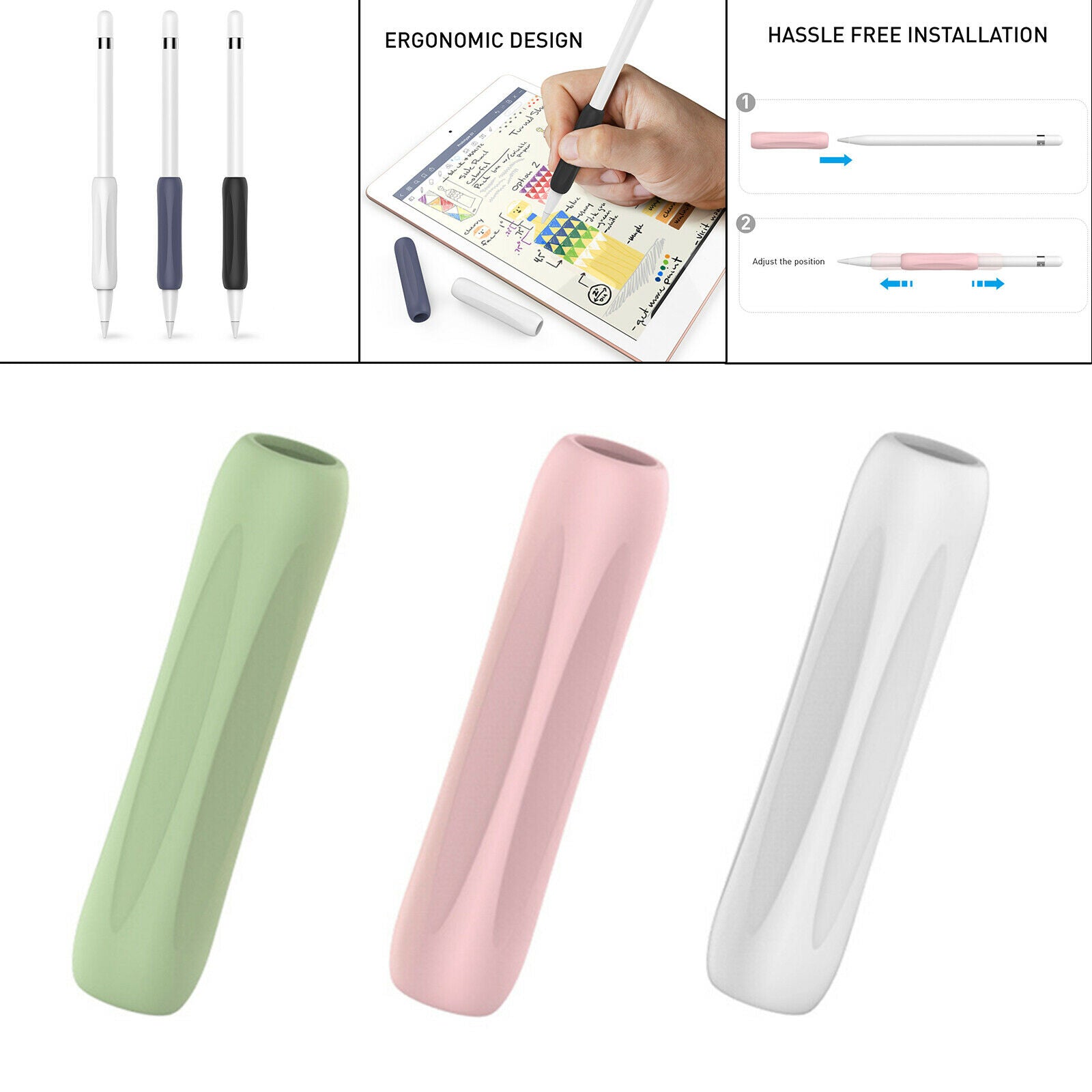 3x Touch Screen Pen Cover Sleeve Case Anti-Slip Grip Pink Green White