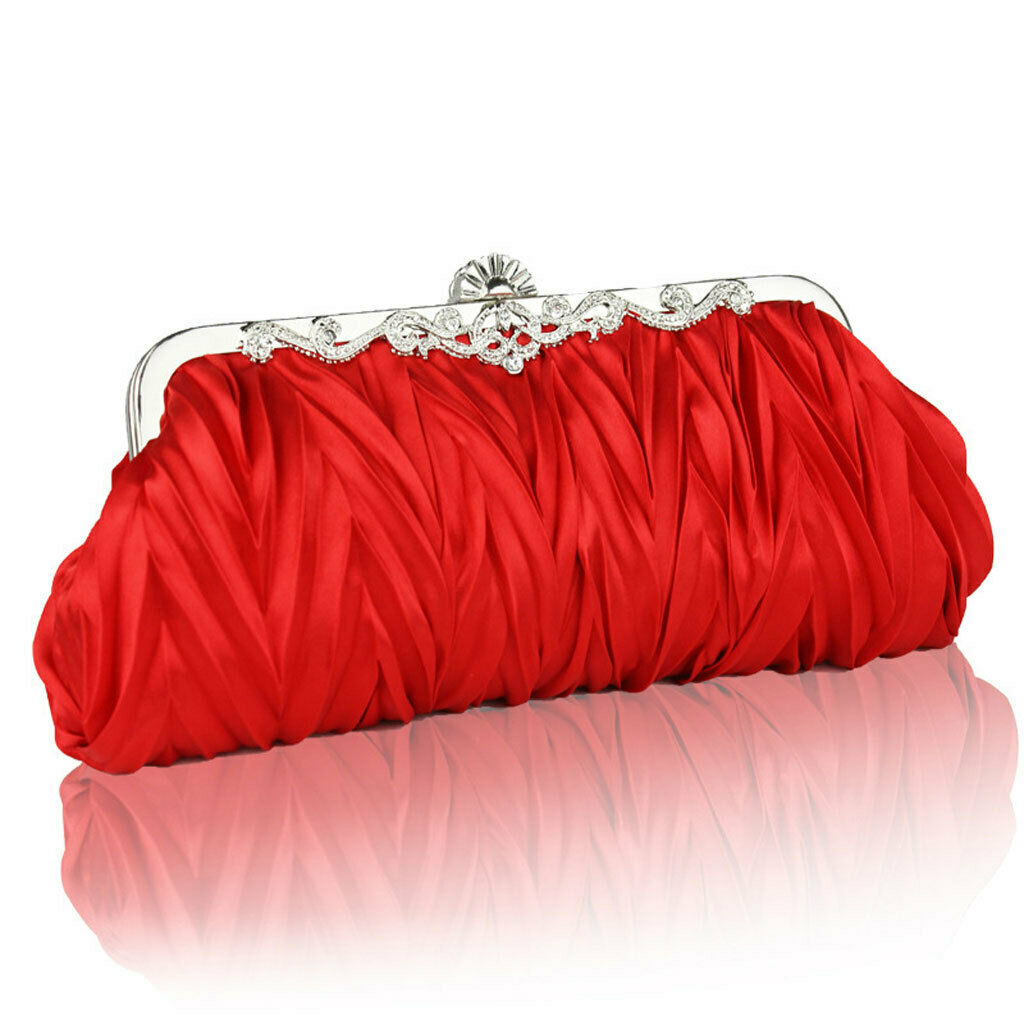 Satin Evening Handbag Shoulder Chain Bag Crystal Wedding Clutch Red