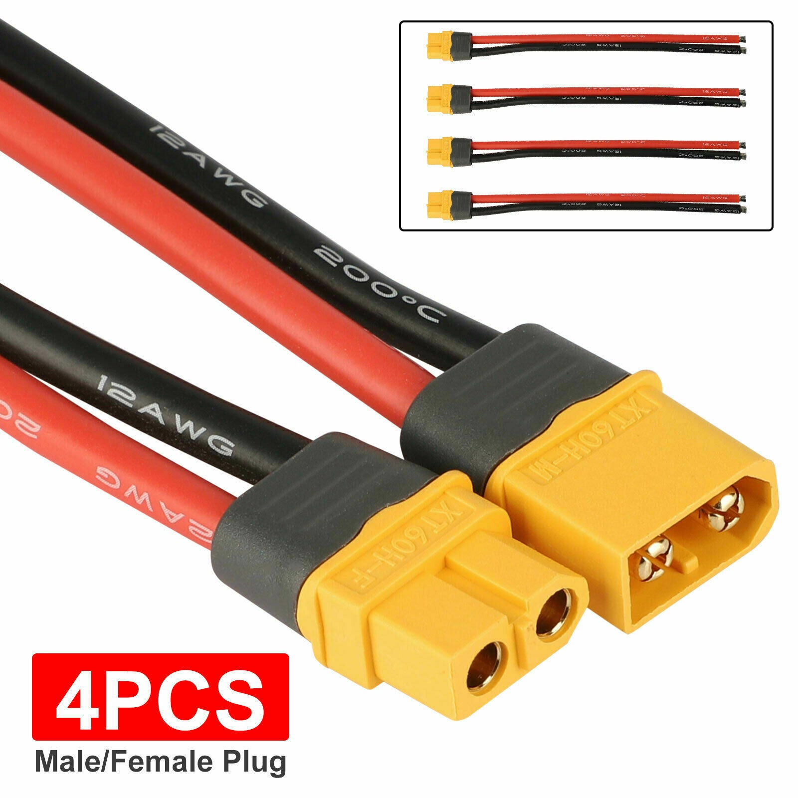 4PCS XT60 Plug Female Male Connectors 150mm 12AWG Wire for RC Lipo Battery Drone
