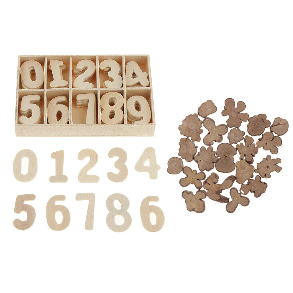 60x Tray Wooden Numbers+20 Natural Wood Log Slices Decoupage Craft Flatbacks