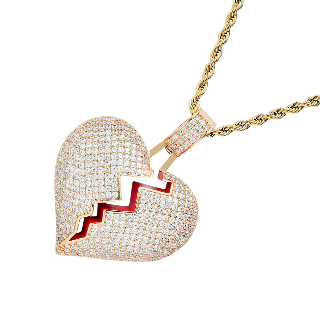 Heart-broken shape pendant zircon hip-hop necklace Golden