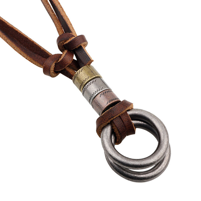 Men's Retro Leather LUS Cord Necklace Double Circle Ring Pendant Fashion Jewelry