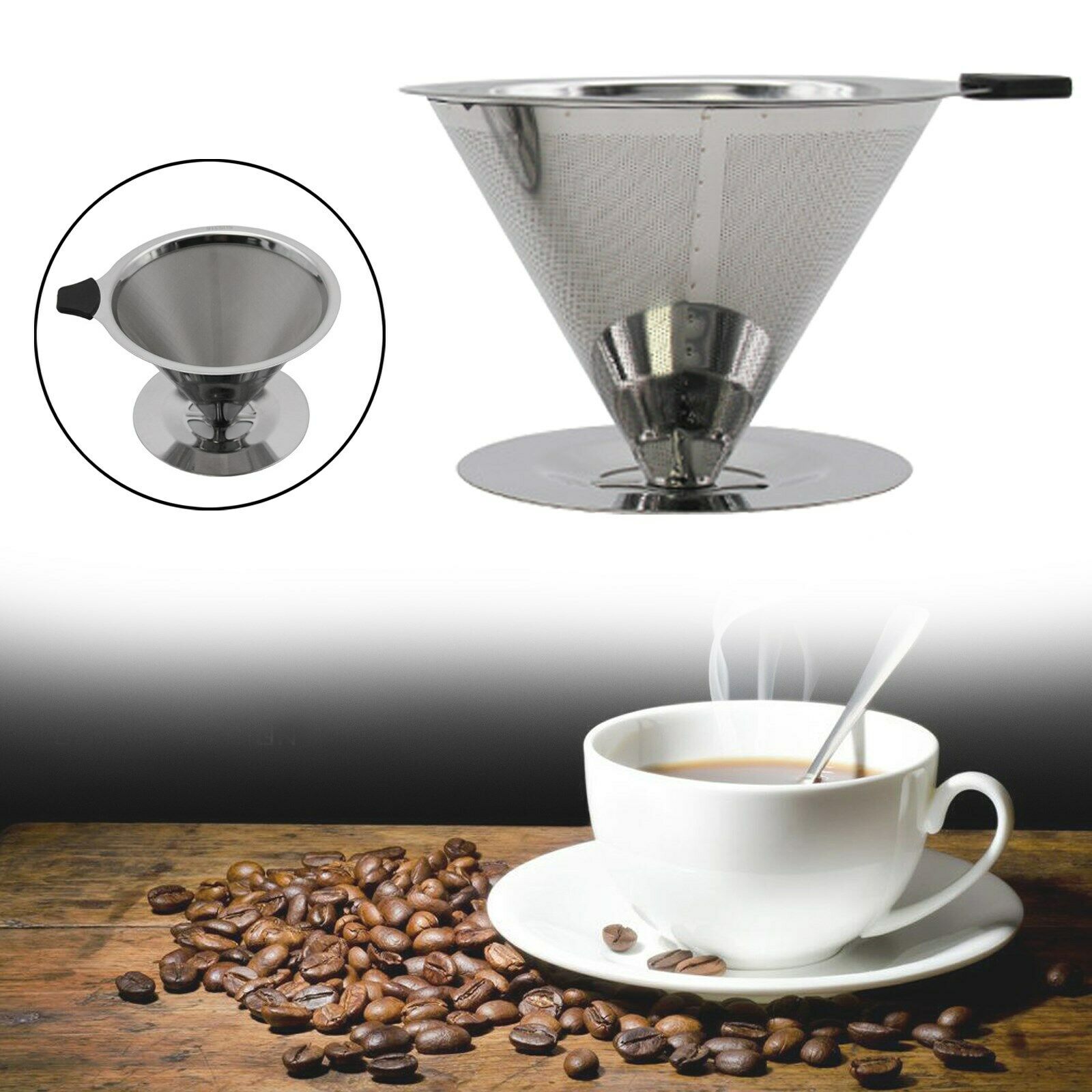 Coffee Filter Dripper Pour Over Stainless Steel Funnel Reusable 1-4 CUP CA