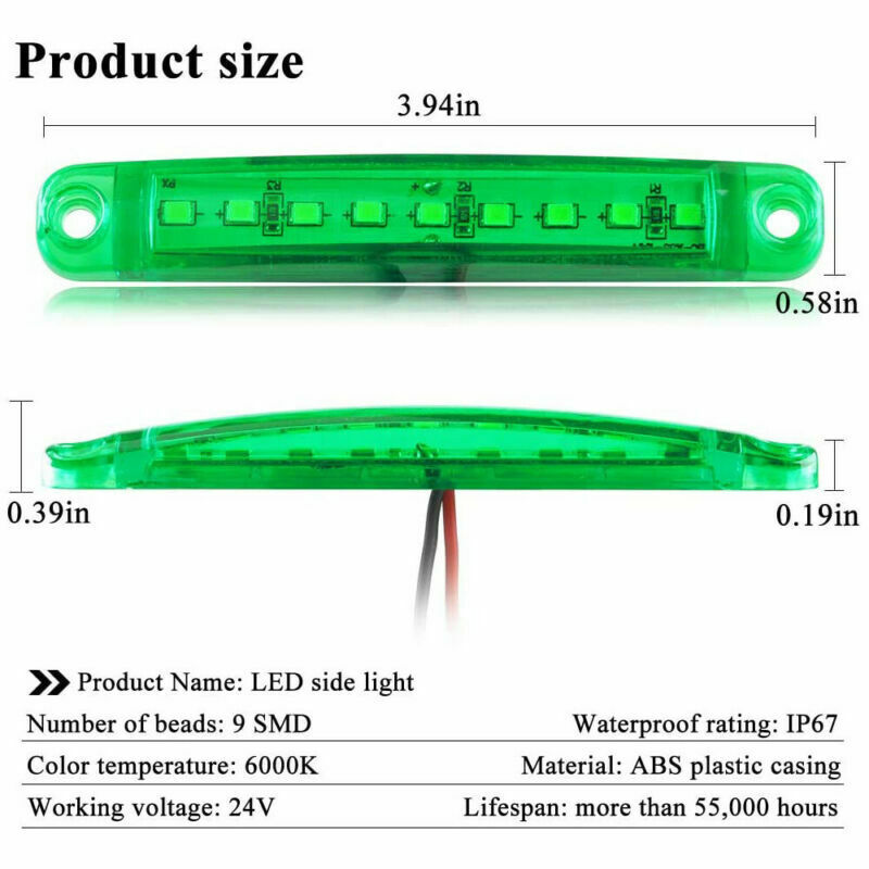 20X 9 LED 24V Sealed Side Marker Clearance Lights For Truck Trailer Lorry  Green