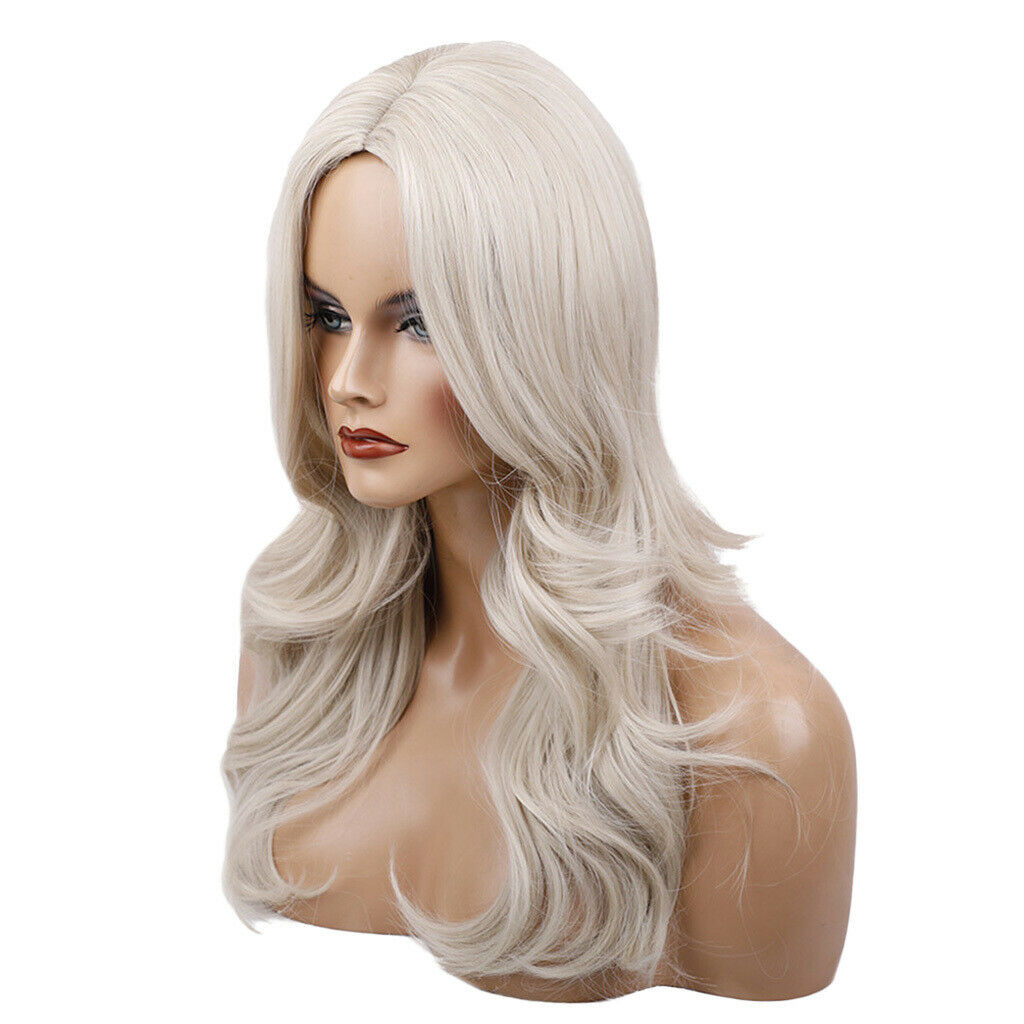 Women Synthetic Long Curly Wavy Wig White Mixed Color Side Part Full Wigs