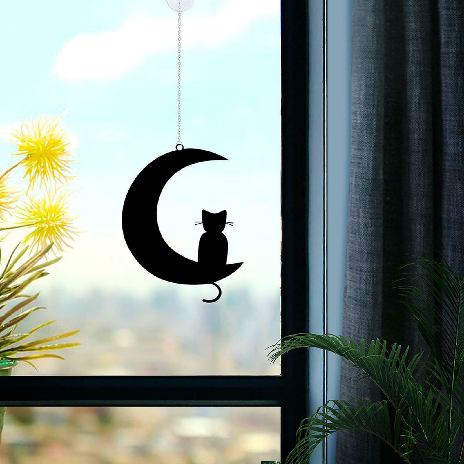 Iron Cat on The Moon Silhouettes Hanging Decor for Windows Wall Fence Garden